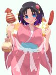  1girl :q black_hair blue_eyes blush breasts commentary_request elma_(maidragon) food hair_ornament highres holding holding_food japanese_clothes kimono kobayashi-san_chi_no_maidragon large_breasts long_sleeves looking_at_viewer obi pink_kimono sash short_hair solo tongue tongue_out waterring wide_sleeves 