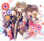  2girls anise_tatlin bare_shoulders black_hair blue_eyes boots brown_hair detached_sleeves dress gloves high_collar highres holding_hands long_hair looking_at_viewer multiple_girls one_eye_closed orange_hair petals red_legwear smile tales_of_(series) tales_of_the_abyss tear_grants thighhighs tokunaga twintails white_gloves yun_(dust-i1) 