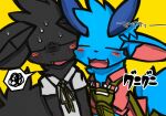  2015 =w= ambiguous_gender anthro aru_(dinogaize) black_body black_fur blue_body blue_fur blush bodily_fluids clothing collared_shirt cute_fangs dinogaize duo eyes_closed fluffy fluffy_tail fur inner_ear_fluff japanese_text kemono leaning mighty_(dinogaize) neck_tuft onomatopoeia open_mouth overalls red_clothing red_shirt red_topwear shirt simple_background sound_effects speech_bubble sweat sweatdrop text topwear translated tuft unknown_species yellow_background young 
