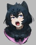  1girl adeshi_(adeshi0693119) animal_ears bangs black_bow black_bowtie black_hair black_jaguar_(kemono_friends) blue_eyes bow bowtie cat_ears commentary face fangs fur_trim grey_background highres kemono_friends looking_to_the_side open_mouth portrait short_hair simple_background solo teeth tongue uneven_eyes 