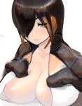  1girl absurdres bangs black_hair breast_rest breast_suppress breasts brown_eyes closed_mouth collarbone eyebrows_visible_through_hair eyes_visible_through_hair gloves hair_over_one_eye hands_on_own_chest headphones highres huge_breasts jacket kemono_friends king_penguin_(kemono_friends) long_bangs long_hair looking_at_viewer multicolored_hair nipples no_bra open_clothes orange_hair seductive_smile shibori_kasu sketch smile solo unzipped upper_body zipper 