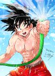  1boy abs bara black_hair blush dated dragon_ball dragon_ball_z highres holding holding_hose hose large_pectorals looking_at_viewer male_focus male_swimwear muscular muscular_male navel nipples one_eye_closed pectorals red_male_swimwear saiyan shipa short_hair solo son_goku spiked_hair spraying topless_male water 