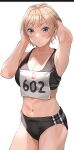  1girl armpits arms_up bangs bare_arms black_bra black_buruma blue_eyes blush bra breasts buruma cleavage collarbone ear_piercing eyebrows_visible_through_hair hands_in_hair highres looking_at_viewer medium_breasts navel original piercing platinum_blonde_hair short_hair simple_background sleeveless solo sports_bikini sports_bra sweat sweatdrop tipii track_uniform underwear white_background 