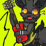  1:1 2015 :o ambiguous_gender anthro belt black_body black_fur blush bodily_fluids bottomwear clothing cute_fangs dinogaize fluffy fluffy_tail fur green_background guitar guitar_strap holding_object inner_ear_fluff kemono mighty_(dinogaize) musical_instrument neck_tuft no_pupils open_mouth orange_eyes pants plucked_string_instrument red_guitar shaded shirt simple_background simple_shading string_instrument sweat tank_top topwear tuft wristband young 