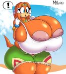  2021 anthro areola big_breasts blue_eyes breasts clothed clothing echidna exclamation_point female huge_breasts hyper hyper_breasts mammal monotreme mrxrickyx nipples orange_body pink_areola pink_nipples sega solo sonic_adventure sonic_the_hedgehog_(series) thick_thighs tikal_the_echidna 