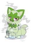  ambiguous_gender artist_name felid feline feral fur gaypaw green_body green_fur hi_res mammal multicolored_body multicolored_fur nintendo pok&eacute;mon pok&eacute;mon_(species) signature smoking solo sprigatito two_tone_body two_tone_fur video_games 