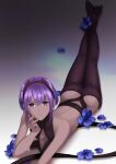  1girl absurdres ass bangs black_legwear breasts dark-skinned_female dark_skin eyebrows_behind_hair eyebrows_visible_through_hair fate/grand_order fate_(series) flower hair_between_eyes hairband hassan_of_serenity_(fate) highres looking_at_viewer lying purple_eyes purple_hair ribbon serra short_hair solo thighhighs 