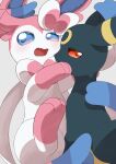  absurd_res ambiguous_gender black_body black_fur blue_eyes blush duo eeveelution feral fur hi_res looking_at_viewer nintendo open_mouth pink_body pink_fur pok&eacute;mon pok&eacute;mon_(species) red_eyes simple_background sylveon umbreon video_games white_body white_fur 