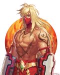  1boy abs arm_tattoo armband artist_name bara belt biceps blonde_hair covered_mouth dungeon_and_fighter fighter_(dungeon_and_fighter) fire gauntlets green_eyes jewelry jin_(sirius-j) large_pectorals long_hair looking_at_viewer male_fighter_(dungeon_and_fighter) male_focus manly mask mature_male muscular muscular_male necklace nipples pants pectorals scar scar_on_chest scar_on_stomach solo tattoo thick_arms topless topless_male veins veiny_arms 