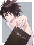  1boy bags_under_eyes bangs black_eyes black_hair book collarbone death_note death_note_(object) hair_between_eyes highres holding holding_book l_(death_note) long_sleeves looking_at_viewer shimizu_tomoki shirt short_hair solo white_shirt 
