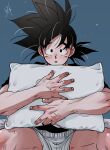  1boy :o bangs bara black_hair black_shirt blush dragon_ball dragon_ball_super highres holding holding_pillow looking_at_viewer male_focus muscular muscular_male pillow saiyan shipa shirt short_hair short_shorts shorts solo son_goku spiked_hair white_shorts 