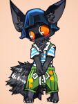 2014 3:4 ambiguous_gender anthro black_body black_fur blue_clothing blue_hat blue_headwear blush chest_tuft clothing dinogaize eye_glint fluffy fluffy_tail fur hat headgear headwear kemono looking_at_viewer mighty_(dinogaize) no_pupils orange_eyes overall_pants pattern_clothing pattern_shirt pattern_topwear shirt simple_background striped_clothing striped_shirt striped_topwear stripes topwear tuft young 