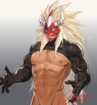  1boy abs agnimon artist_name bara biceps blue_eyes blush breasts crop_top digimon digimon_frontier gloves horns jin_(sirius-j) large_breasts large_pectorals long_hair male_focus manly mask mature_male muscular muscular_male navel nipples open_mouth pectorals solo teeth tight tongue underpec upper_body veins white_hair 