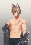  1boy abs animal_ears artist_name bara biceps brown_hair denim hand_on_hip jacket jeans jin_(sirius-j) looking_to_the_side male_focus manly mature_male messy_hair multicolored_hair muscular muscular_male navel nipples pants pectorals red_eyes removing_jacket scar scar_on_chest solo topless topless_male white_hair 
