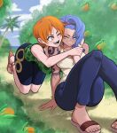  absurdres blue_eyes blue_hair bright_pupils highres hug hug_from_behind lord_guyis nami_(one_piece) nojiko one_eye_closed one_piece orange_eyes orange_hair siblings sisters tan tank_top tattoo 