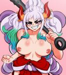  absurdres breasts breasts_out bright_pupils club_(weapon) highres horns huge_breasts japanese_clothes looking_at_viewer lord_guyis multicolored_hair one_piece red_eyes sharp_teeth teeth weapon white_pupils yamato_(one_piece) 