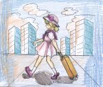  1980s_(style) 1girl bad_id bad_twitter_id blonde_hair briefcase building commentary_request dress graphite_(medium) hat loafers louise_(touhou) low_twintails neckerchief outdoors purple_footwear purple_neckerchief purple_sailor_collar retro_artstyle rolling_suitcase sailor_collar shirt shoes sketch skyscraper suitcase sun_hat takemoto_izumi_(style) touhou touhou_(pc-98) traditional_media twintails walking white_dress white_headwear yatyou 