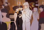  1boy 1girl black_dress blurry choker dress faceless faceless_female faceless_male focus_blur gown hand_fan highres inuyasha kagura_(inuyasha) sesshoumaru weizhongzhifeng 