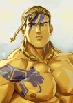  1boy artist_logo artist_name bara blonde_hair brown_eyes chest_tattoo close-up collar cu_chulainn_(smite) facial_tattoo highres large_pectorals looking_to_the_side male_focus manly mature_male muscular muscular_male nipples pectorals smite solo tattoo thick_eyebrows topless topless_male xelgot 