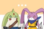  ... ammo_belt anthro bandai_namco bandanna beady_eyes berrysaladberry clothing digimon digimon_(species) duo fur gargomon green_body green_fur horn kerchief lagomorph leporid long_ears mammal purple_body purple_fur rabbit torn_clothing turuiemon 