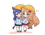  2girls :3 alternate_costume animal_ears arknights blue_eyes blue_shirt blue_skirt blush bow brown_footwear brown_hair ch&#039;en_(arknights) chibi closed_mouth colored_shadow commentary dragon_girl dragon_horns dragon_tail english_commentary eyebrows_visible_through_hair green_eyes hair_bow hat heart horns kneehighs kurotofu long_hair multiple_girls one_eye_closed pleated_skirt red_bow red_eyes red_skirt ringlets sailor_collar school_hat school_uniform serafuku shadow shirt shoes short_eyebrows skirt standing standing_on_one_leg swire_(arknights) tail thick_eyebrows tiger_ears tiger_girl tiger_tail very_long_hair white_background white_legwear white_sailor_collar yellow_headwear younger 