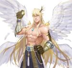  1boy abs angel angel_wings angry bara belt biceps blonde_hair dungeon_and_fighter feather_hair_ornament feathers fighter_(dungeon_and_fighter) gauntlets gloves green_eyes hair_ornament hand_on_hip jewelry jin_(sirius-j) large_pectorals light light_rays long_hair male_fighter_(dungeon_and_fighter) male_focus manly mature_male muscular muscular_male necklace pants pectorals ring skirt solo teeth topless topless_male wings 