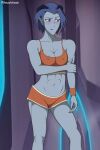  2019 5_fingers abs acxa areola blue_hair blush bottomwear clothing elf female fingers grey_body grey_eyes grey_skin hair hi_res hotpants humanoid humanoid_pointy_ears long_nails looking_aside microshorts minishorts multicolored_hair muscular muscular_female navel netflix nipple_outline nipples shirt shorts signature solo tank_top topwear two_tone_hair venusintimate voltron voltron_legendary_defender yellow_sclera 