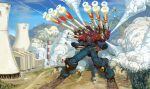  blue_eyes clenched_hands english_commentary firing highres king_salmon mecha mountain no_humans original science_fiction shoulder_cannon sky smoke smokestack solo 
