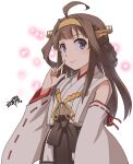  1girl ahoge brown_hair brown_hakama brown_skirt commentary_request detached_sleeves double_bun finger_to_face hakama hakama_short_skirt hakama_skirt headgear highres japanese_clothes kantai_collection kongou_(kancolle) kongou_kai_ni_(kancolle) long_hair looking_at_viewer nontraditional_miko osamada_meika signature skirt smile solo wide_sleeves 