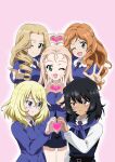  5girls :d ;d andou_(girls_und_panzer) bc_freedom_school_uniform belt black_dress black_hair blonde_hair blue_cardigan blue_eyes blue_necktie brown_eyes cardigan commentary_request dark-skinned_female dark_skin dress dress_shirt drill_hair frown girls_und_panzer green_eyes hair_between_eyes heart heart_hands highres isabe_(girls_und_panzer) long_hair long_sleeves looking_at_another looking_at_viewer marie_(girls_und_panzer) medium_hair messy_hair multiple_girls nao_(nao_puku777) necktie one_eye_closed orange_hair oshida_(girls_und_panzer) partial_commentary pinafore_dress pink_background red_necktie school_uniform shirt short_dress simple_background smile sofue_(girls_und_panzer) sweater_around_neck wavy_hair white_shirt wing_collar 