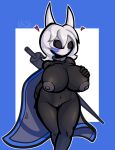  absurd_res anthro breasts cloak clothing facial_markings female genitals head_markings hi_res hollow_knight markings melee_weapon nude pinup pose pussy shy solo sword team_cherry ursk video_games weapon wide_hips 