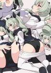  1girl anchovy_(girls_und_panzer) ass bangs black_cape black_panties blue_skirt blush breast_grab breasts cape clothes_pull collared_shirt crotch disembodied_limb dress_shirt food girls_und_panzer grabbing green_hair kneeling long_hair long_sleeves looking_at_viewer looking_back lying medium_breasts multiple_views on_back open_mouth panties pantyhose pantyhose_pull pasta red_eyes shirt shiseki_hirame skirt spaghetti sparkling_eyes spread_legs thighs tongue tongue_out twintails underwear white_legwear white_shirt 