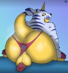  absurd_res animal_skin anthro anus balls bandai_namco bodily_fluids butt clothing clothing_aside digimon digimon_(species) erection gabumon genitals hi_res horn male miscellanea404 penis perineum presenting presenting_anus slightly_chubby solo sweat thong thong_aside underwear underwear_aside yellow_body 