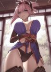  1girl bangs bare_shoulders blue_eyes blush breasts cleavage fate/grand_order fate_(series) hair_ornament highres kakeku large_breasts long_hair looking_at_viewer miyamoto_musashi_(fate) pink_hair ponytail smile solo thighhighs thighs 