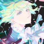  1boy 830_(hamio) androgynous black_background green_hair lio_fotia lips looking_at_viewer male_focus portrait promare purple_eyes short_hair solo thick_eyelashes 