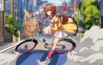  1girl :o absurdres akira akira_slide animal_ears baguette bangs bicycle bicycle_basket braid bread brown_eyes brown_hair cawfield city collar day determined dog_ears dog_girl dog_tail dress dust_cloud food full_body ground_vehicle hair_between_eyes highres hololive inugami_korone jacket looking_at_viewer medium_hair open_mouth outdoors red_collar red_legwear riding_bicycle scene_reference solo spanish_commentary sunlight tail twin_braids twitter_username v-shaped_eyebrows virtual_youtuber white_dress white_footwear yellow_jacket 
