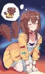  1girl :3 afterimage all_fours animal_ears animalization bone_hair_ornament braid breasts brown_hair cartoon_bone cleavage closed_eyes coat collar dog dog_ears dog_girl dog_tail dress hair_ornament highres hololive inugami_korone inugami_korone_(dog) long_hair low_twin_braids motion_blur smile solo tail tail_wagging thought_bubble twin_braids twintails virtual_youtuber wersman white_dress yellow_coat 