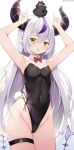  1girl :o animal_on_head armpits arms_up bangs bird bird_on_head black_leotard blush bow bowtie braid breasts chintora0201 covered_navel cowboy_shot crow_(la+_darknesss) demon_horns detached_collar eyebrows_visible_through_hair grey_hair groin hair_between_eyes highres hololive horns la+_darknesss leotard looking_at_viewer multicolored_hair on_head playboy_bunny pointy_ears purple_hair red_bow red_bowtie revision simple_background small_breasts solo standing streaked_hair tail thigh_strap virtual_youtuber white_background yellow_eyes 
