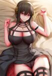  bangs black_hair blush breasts cleavage dress earrings flower ginhaha gold_earrings gold_headband hair_flower hair_ornament highres huge_breasts jewelry large_breasts looking_at_viewer lying off-shoulder_dress off_shoulder on_back panties smile spy_x_family thick_thighs thighs underwear yor_briar 