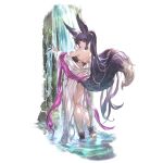  1girl animal_ears bangs bikini closed_mouth erune fox_ears fox_girl fox_tail from_behind full_body granblue_fantasy hair_ornament hand_on_own_shoulder hand_up long_hair looking_at_viewer looking_back minaba_hideo official_art ponytail purple_eyes purple_hair see-through shawl simple_background smile solo standing swimsuit tail third-party_edit transparent_background wading water wet wet_clothes yuel_(granblue_fantasy) 