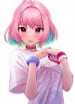  1girl :o absurdres ahoge blue_hair blush bob_cut bone_print bracelet hair_intakes hands_on_own_chest heart_on_chest highres idolmaster idolmaster_cinderella_girls idolmaster_cinderella_girls_starlight_stage jewelry leather_choker looking_at_viewer multicolored_hair pink_eyes pink_hair sakura_ran shirt simple_background solo two-tone_hair upper_body white_background white_shirt yumemi_riamu 