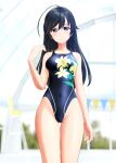  1girl absurdres ahoge black_eyes black_hair black_swimsuit blurry blurry_background breasts commentary_request competition_swimsuit covered_navel cowboy_shot floral_print girls_und_panzer highres indoors isuzu_hana long_hair medium_breasts one-piece_swimsuit solo string_of_flags swimsuit takafumi thigh_gap 