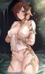  1girl absurdres artist_name au_ra bad_id bad_twitter_id bikini blush bracelet breasts brown_eyes brown_hair cameltoe closed_mouth clothes_lift contrapposto dress embarrassed final_fantasy final_fantasy_xiv green_eyes heterochromia highres horns jewelry large_breasts looking_at_viewer medium_hair navel pelvic_curtain pelvic_curtain_lift shellvi side-tie_bikini solo standing swimsuit wading white_dress 