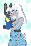  alexis_watterson_(rubythepinkdragon) anthro astrid_watterson_(rubythepinkdragon) black_body black_fur blue_eyes clothing daughter dress duo eyewear female flat_colors fluffy fluffy_tail fur glasses grey_body grey_fur hair happy lagomorph leporid mammal mother mother_and_child mother_and_daughter mute overalls parent parent_and_child purplevulpes rabbit short sibling sundress twins white_hair 