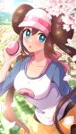  1girl :o absurdres blue_eyes blurry breasts cherry_blossoms collarbone depth_of_field double_bun falling_petals haru_(haruxxe) highres holding holding_poke_ball long_hair looking_at_viewer medium_breasts open_mouth petals poke_ball poke_ball_(basic) poke_ball_print raglan_sleeves rosa_(pokemon) shorts solo twintails visor_cap yellow_shorts 