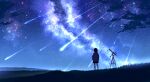  17sai 1girl absurdres from_behind highres incredibly_absurdres long_sleeves medium_hair meteor meteor_shower night original outdoors scenery shooting_star skirt sky standing star_(sky) starry_sky telescope 