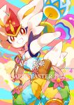  2022 absurdres bag balloon bright_pupils brown_bag cinderace clothed_pokemon commentary_request flower grin happy_easter highres looking_at_viewer minamo_(pixiv17726065) overalls pokemon pokemon_(creature) red_eyes shoulder_bag smile solo white_flower white_fur white_pupils 