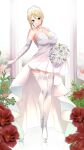  angelica_rafa_redgrave avil bouquet breasts cleavage collarbone dress earrings elbow_gloves eyebrows_visible_through_hair flower gloves high_heels highres holding holding_bouquet jewelry large_breasts otome_gee_sekai_wa_mob_ni_kibishii_sekai_desu parted_lips rose silver_footwear smile thighhighs wedding_dress white_dress white_flower white_gloves white_legwear white_rose 