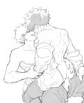  2boys absurdres anal arm_grab bakugou_katsuki bar_censor boku_no_hero_academia censored freckles greyscale hand_on_another&#039;s_hip highres looking_at_another male_focus midoriya_izuku monochrome multiple_boys penis saliva saliva_trail scar scar_on_arm sex simple_background sketch steam straddling sweat tanuki_happa topless_male undressing veins veiny_hands white_background yaoi 