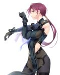  1girl bazett_fraga_mcremitz between_breasts black_bodysuit black_gloves blue_bodysuit blue_necktie bodysuit breasts closed_mouth commentary_request fate/grand_order fate_(series) gloves highres large_breasts long_hair long_sleeves looking_at_viewer low_ponytail manannan_mac_lir_(fate) manannan_mac_lir_(second_ascension)_(fate) mole mole_under_eye necktie necktie_between_breasts okonon_(kado_colda) pelvic_curtain purple_eyes purple_hair simple_background solo two-tone_bodysuit white_background 